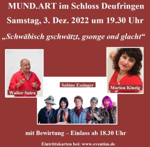 Ankündigungsplakat der Veranstaltung ‚Schwäbisch gschwätzt, glacht und gsonga‘, darauf Marion Kinzig lachend in die Kamera.